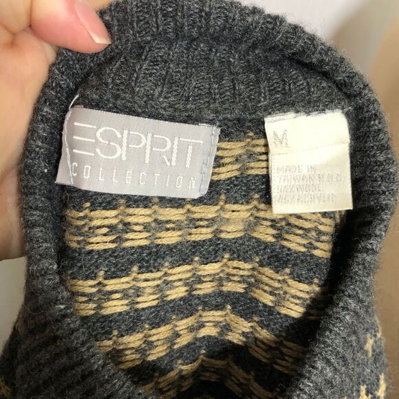 Esprit Sweater Womens Medium Gray Tan Soft Wool Blend Grandpa Geometric - Picture 10 of 12